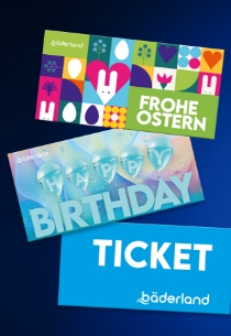 Drei farbenfrohe Tickets für Bäderland: Frohe Ostern, Happy Birthday und Ticket in blauer Schrift.